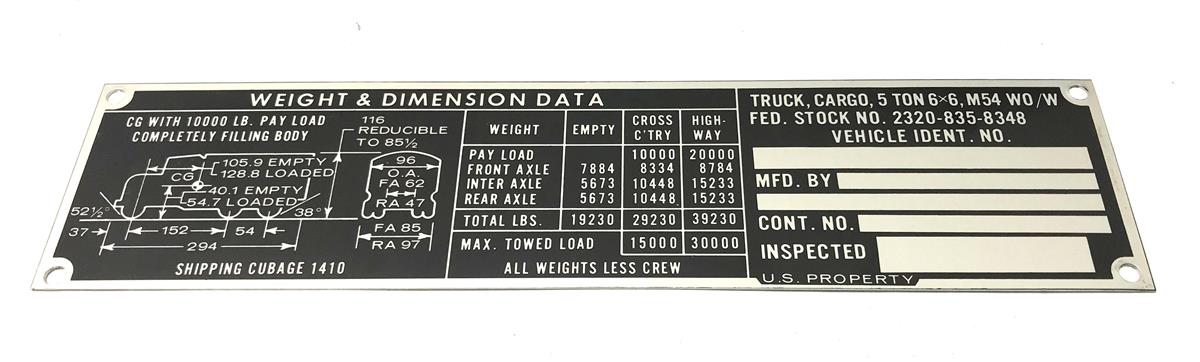 Data Plate Tag M54 Cargo Truck without Winch 5 Ton 6x6 Weight and
